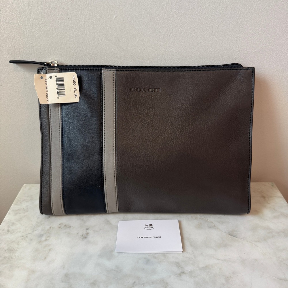 Vintage Coach F62295 Slate Black Leather Zip Tablet Case Sleeve Clutch NWT